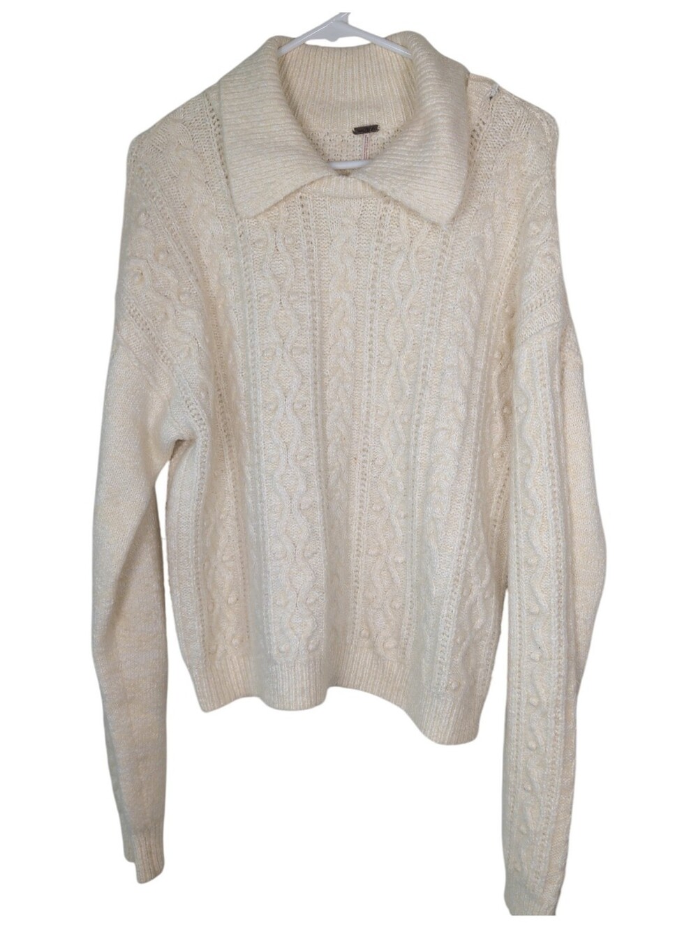 Free People Cable Knit Fold-Over Collar Sweater - Cream